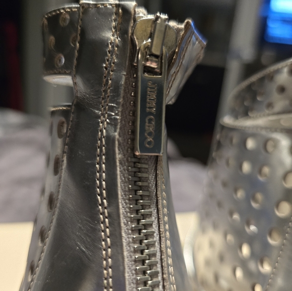 JIMMY CHOO Silver & Gold Metallic Ankle Caged Stilettos - Picture 10 of 14